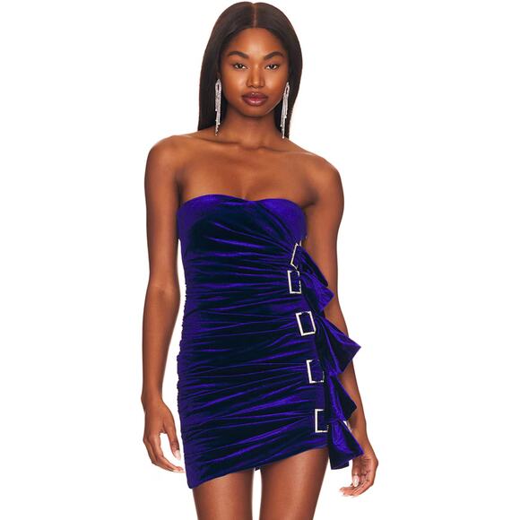 Superdown Mara Mini Dress Blue Velvet Crystal Buckles Strapless  Sz S - Picture 1 of 12
